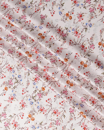 قماش حرير ساتان إيطالي فاخر بقاعدة بيضاء عاجي مع طباعة زهور صغيرة باللون الأحمر والأزرق والبيج، عرض 140 سم، صنع في إيطاليا - D22988