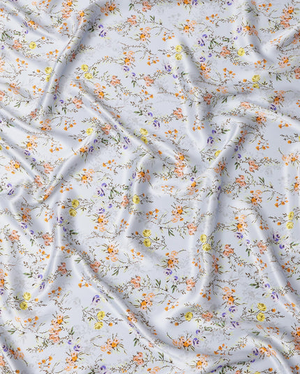 Powder Blue Base with Yellow, Orange & Lavender Mini Floral Print Premium Italian Pure Silk Satin Fabric, 140 Cms Width, Made in Italy-D22989