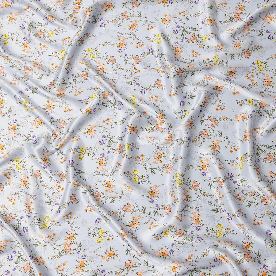 Powder Blue Base with Yellow, Orange & Lavender Mini Floral Print Premium Italian Pure Silk Satin Fabric, 140 Cms Width, Made in Italy-D22989