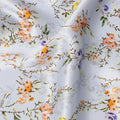 Powder Blue Base with Yellow, Orange & Lavender Mini Floral Print Premium Italian Pure Silk Satin Fabric, 140 Cms Width, Made in Italy-D22989
