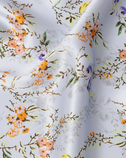 Powder Blue Base with Yellow, Orange & Lavender Mini Floral Print Premium Italian Pure Silk Satin Fabric, 140 Cms Width, Made in Italy-D22989