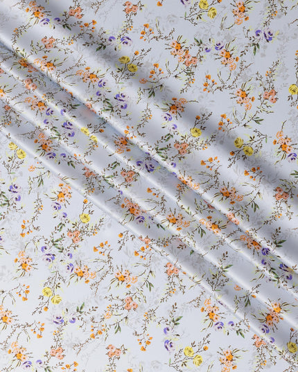 Powder Blue Base with Yellow, Orange & Lavender Mini Floral Print Premium Italian Pure Silk Satin Fabric, 140 Cms Width, Made in Italy-D22989