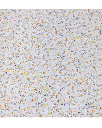 Powder Blue Base with Yellow, Orange & Lavender Mini Floral Print Premium Italian Pure Silk Satin Fabric, 140 Cms Width, Made in Italy-D22989