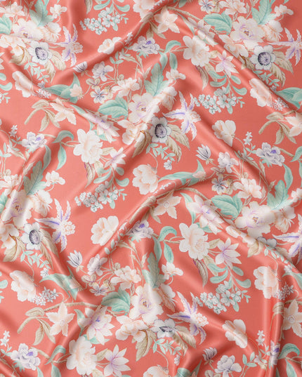 قماش ساتان حرير إيطالي فاخر بقاعدة مرجانية مع طباعة زهور باللون الأبيض والأرجواني والأخضر النعناعي، عرض 140 سم، صنع في إيطاليا - D22992