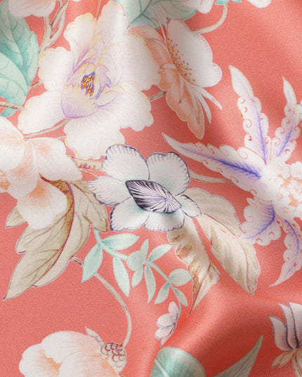 قماش ساتان حرير إيطالي فاخر بقاعدة مرجانية مع طباعة زهور باللون الأبيض والأرجواني والأخضر النعناعي، عرض 140 سم، صنع في إيطاليا - D22992