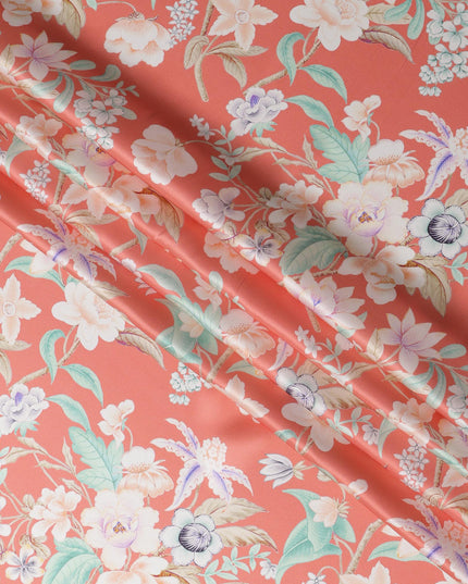 قماش ساتان حرير إيطالي فاخر بقاعدة مرجانية مع طباعة زهور باللون الأبيض والأرجواني والأخضر النعناعي، عرض 140 سم، صنع في إيطاليا - D22992