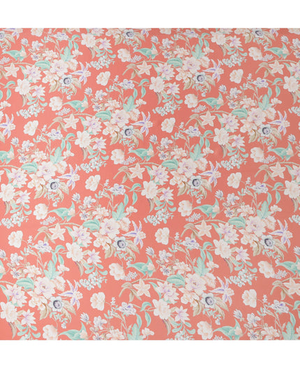 قماش ساتان حرير إيطالي فاخر بقاعدة مرجانية مع طباعة زهور باللون الأبيض والأرجواني والأخضر النعناعي، عرض 140 سم، صنع في إيطاليا - D22992