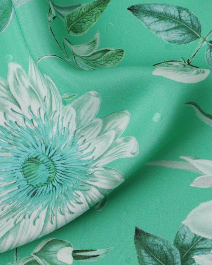 قماش حرير ساتان إيطالي فاخر بقاعدة خضراء نعناعية مع طبعة زهور نباتية باللونين الأبيض والأزرق المخضر، عرض 140 سم، صنع في إيطاليا - D22994