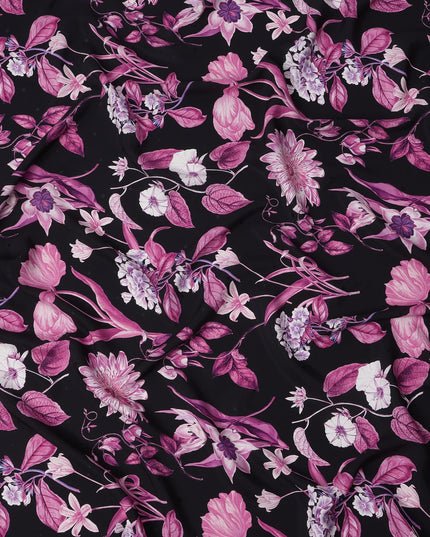 قماش حرير ساتان إيطالي فاخر بقاعدة سوداء مع طبعة زهور نباتية باللون الوردي والأرجواني والأبيض، عرض 140 سم، صنع في إيطاليا - D22995