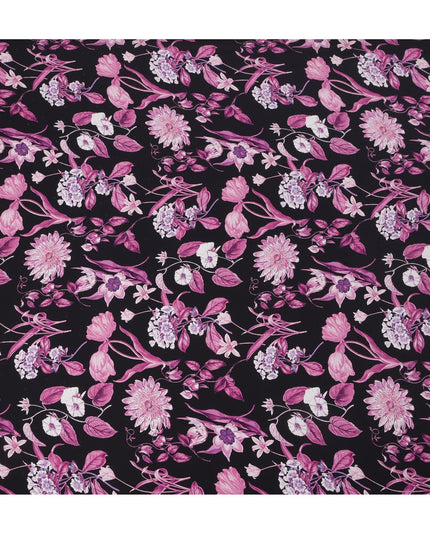 قماش حرير ساتان إيطالي فاخر بقاعدة سوداء مع طبعة زهور نباتية باللون الوردي والأرجواني والأبيض، عرض 140 سم، صنع في إيطاليا - D22995