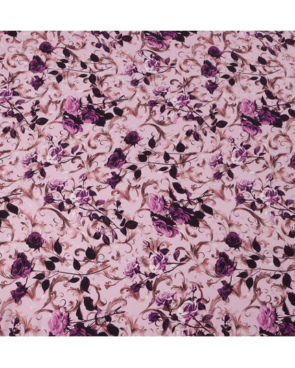 قماش حرير ساتان إيطالي فاخر بقاعدة وردية خدود مع طبعة زخرفية على شكل وردة بنفسجية، عرض 140 سم، صنع في إيطاليا - D22996