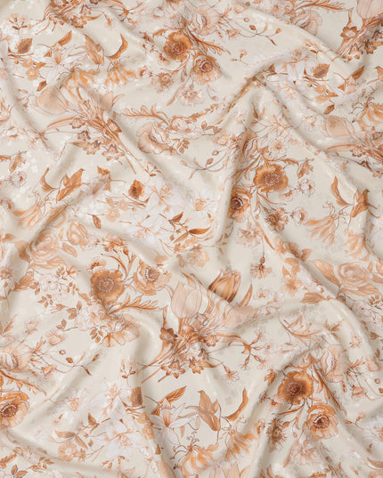 Ivory Base with Sepia & Beige Vintage Floral Print Premium Italian Pure Silk Satin Fabric, 140 Cms Width, Made in Italy-D22997