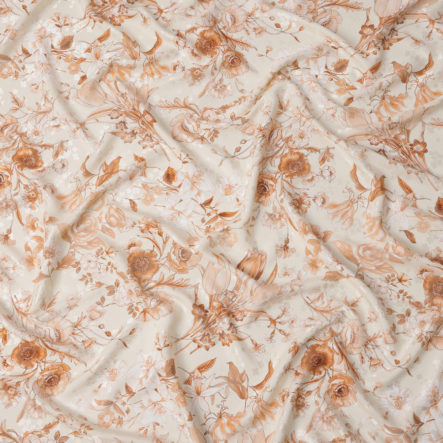 Ivory Base with Sepia & Beige Vintage Floral Print Premium Italian Pure Silk Satin Fabric, 140 Cms Width, Made in Italy-D22997