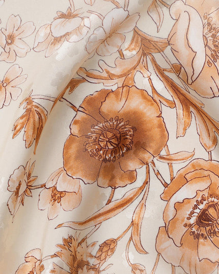 Ivory Base with Sepia & Beige Vintage Floral Print Premium Italian Pure Silk Satin Fabric, 140 Cms Width, Made in Italy-D22997