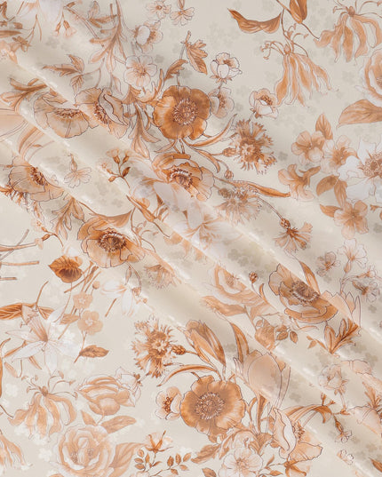 Ivory Base with Sepia & Beige Vintage Floral Print Premium Italian Pure Silk Satin Fabric, 140 Cms Width, Made in Italy-D22997