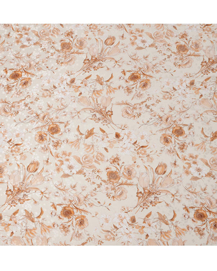 Ivory Base with Sepia & Beige Vintage Floral Print Premium Italian Pure Silk Satin Fabric, 140 Cms Width, Made in Italy-D22997