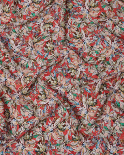 Crimson Red Base with Multicolor Hand-Painted Floral Print Viscose Crepe Fabric, 110 Cms Width, Made in India-D22999 - Regal Fabrics