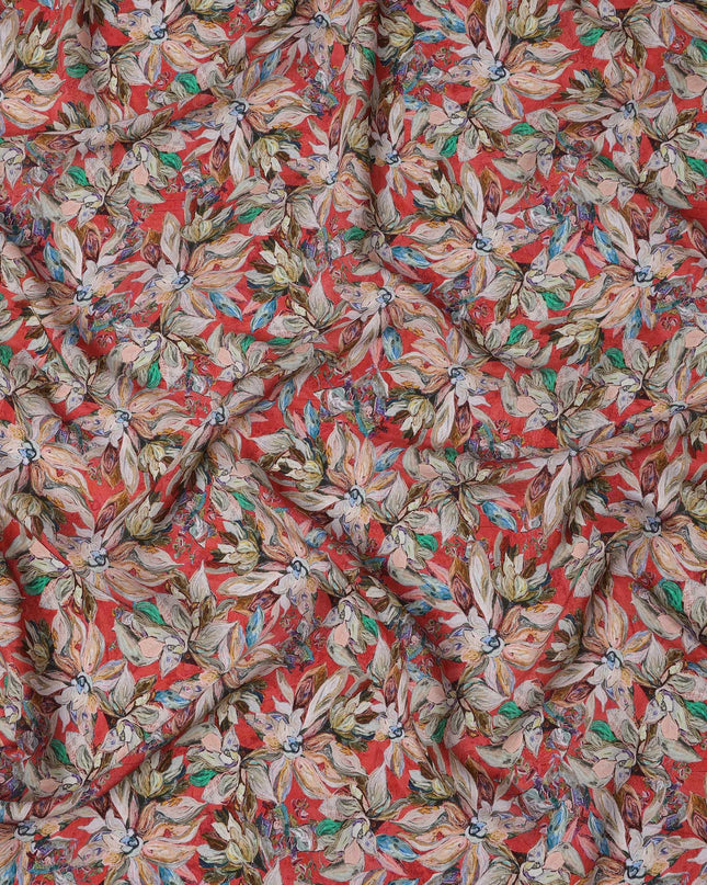 Crimson Red Base with Multicolor Hand-Painted Floral Print Viscose Crepe Fabric, 110 Cms Width, Made in India-D22999 - Regal Fabrics