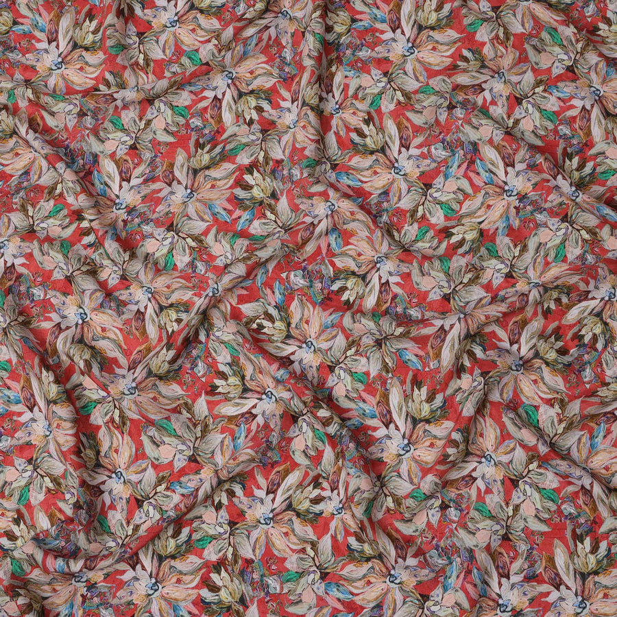 Crimson Red Base with Multicolor Hand-Painted Floral Print Viscose Crepe Fabric, 110 Cms Width, Made in India-D22999 - Regal Fabrics