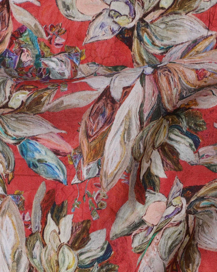 Crimson Red Base with Multicolor Hand-Painted Floral Print Viscose Crepe Fabric, 110 Cms Width, Made in India-D22999 - Regal Fabrics