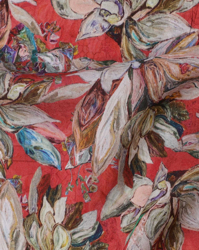 Crimson Red Base with Multicolor Hand-Painted Floral Print Viscose Crepe Fabric, 110 Cms Width, Made in India-D22999 - Regal Fabrics