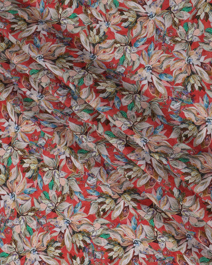 Crimson Red Base with Multicolor Hand-Painted Floral Print Viscose Crepe Fabric, 110 Cms Width, Made in India-D22999 - Regal Fabrics