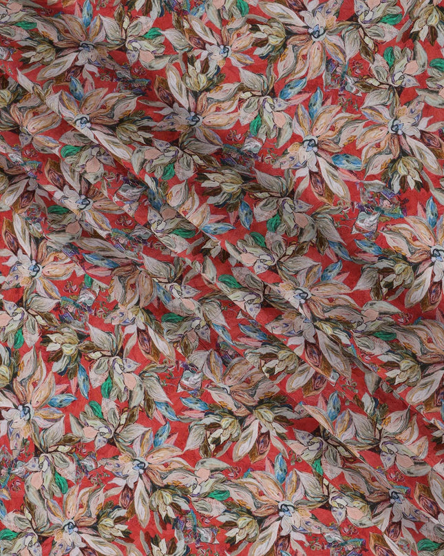 Crimson Red Base with Multicolor Hand-Painted Floral Print Viscose Crepe Fabric, 110 Cms Width, Made in India-D22999 - Regal Fabrics