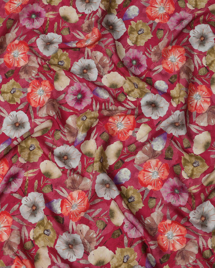 Wine Red Base with Orange, Beige & Mauve Watercolor Floral Print Viscose Crepe Fabric, 110 Cms Width, Made in India-D23005