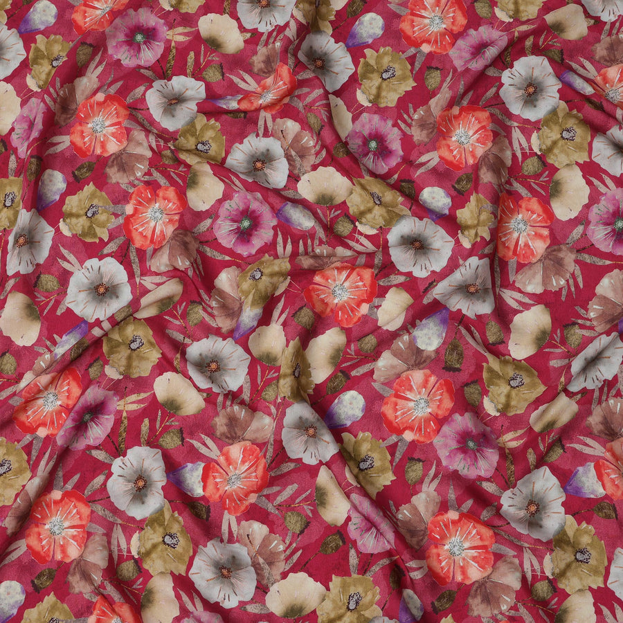 Wine Red Base with Orange, Beige & Mauve Watercolor Floral Print Viscose Crepe Fabric, 110 Cms Width, Made in India-D23005