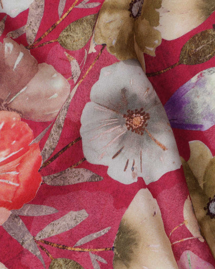 Wine Red Base with Orange, Beige & Mauve Watercolor Floral Print Viscose Crepe Fabric, 110 Cms Width, Made in India-D23005