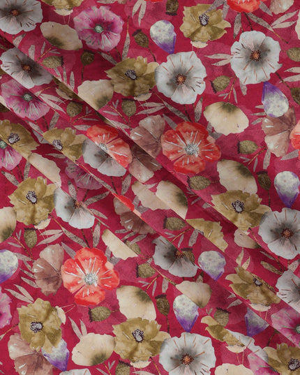 Wine Red Base with Orange, Beige & Mauve Watercolor Floral Print Viscose Crepe Fabric, 110 Cms Width, Made in India-D23005