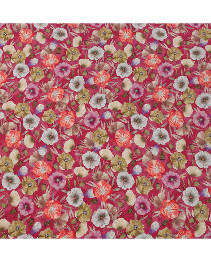 Wine Red Base with Orange, Beige & Mauve Watercolor Floral Print Viscose Crepe Fabric, 110 Cms Width, Made in India-D23005