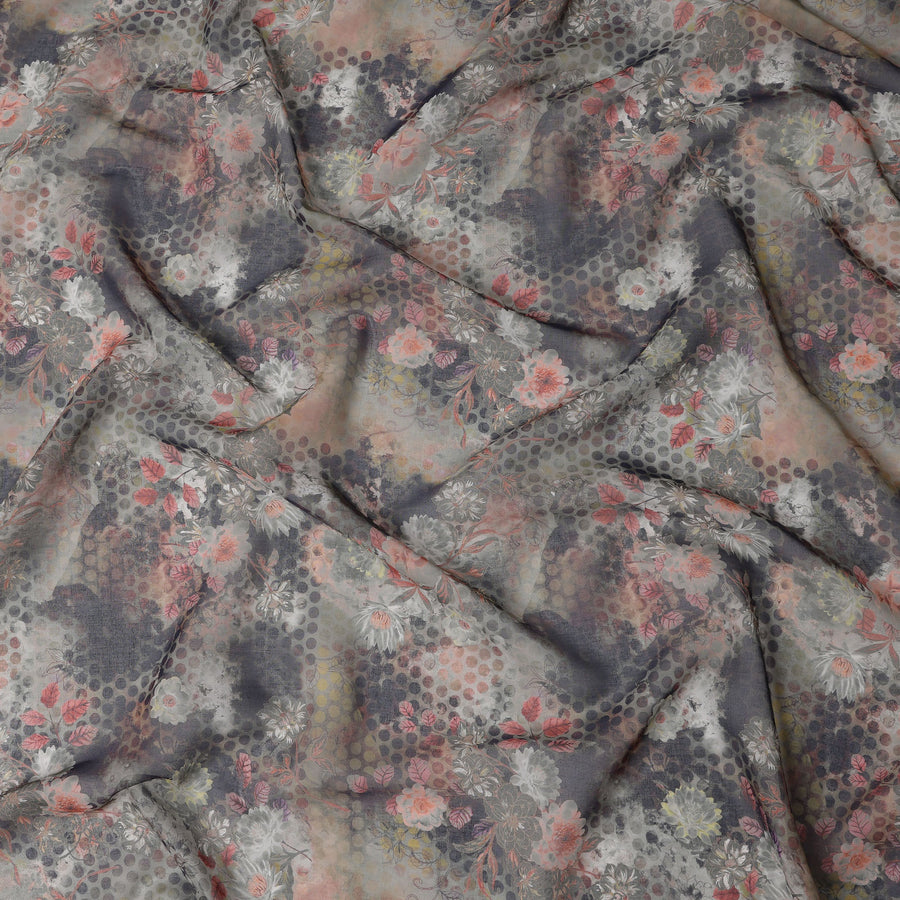Muted Charcoal Polka Dot and Floral Abstract Print Cotton Voile Fabric, 140 cm Width, Made in India-D23047