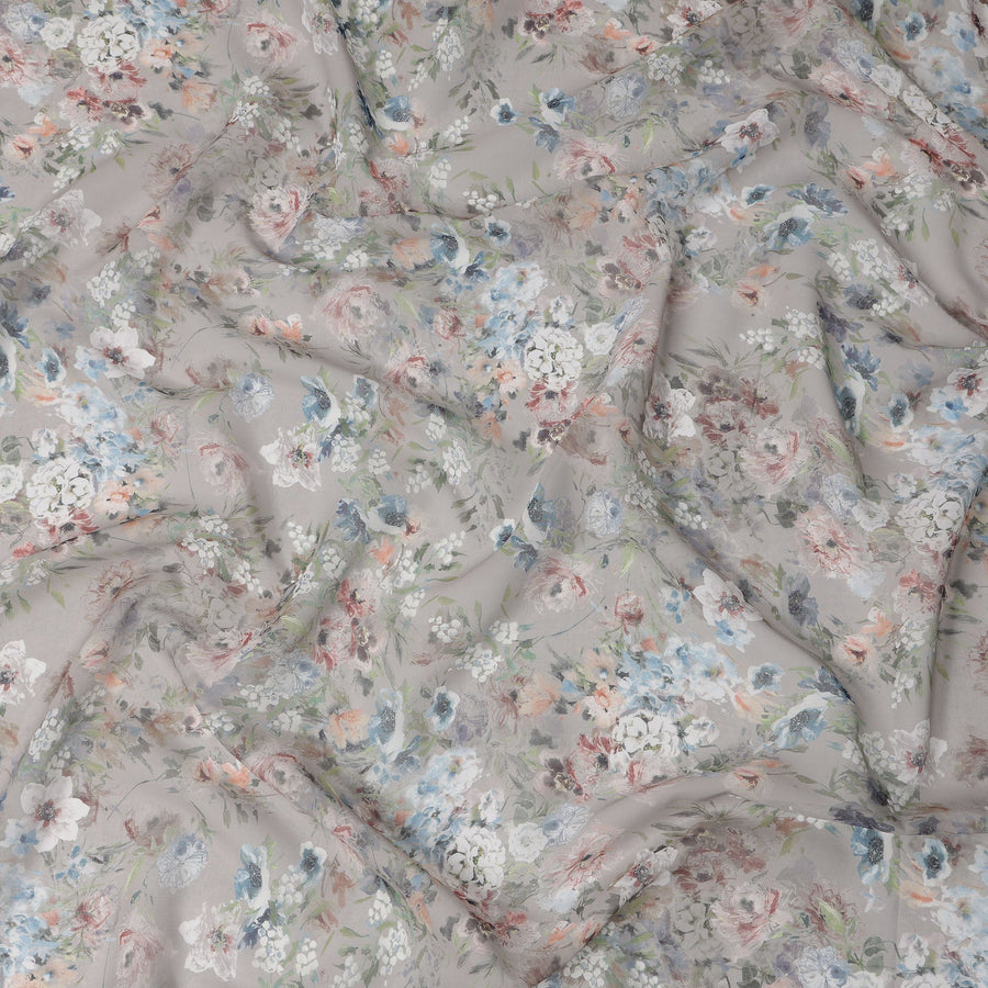 قماش قطني فوال بطبعة زهور مرسومة يدويًا، رمادي باهت متعدد الألوان، عرض 140 سم، الهند - D23048