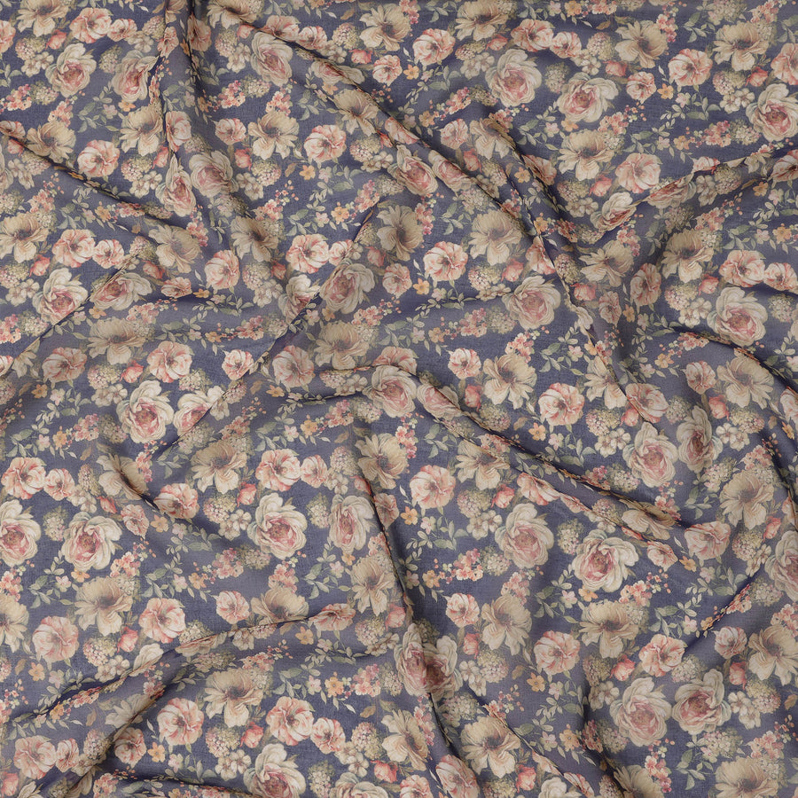 Navy Blue Vintage Floral Bouquet Print Cotton Voile Fabric, 140 cm Width, India-D23049