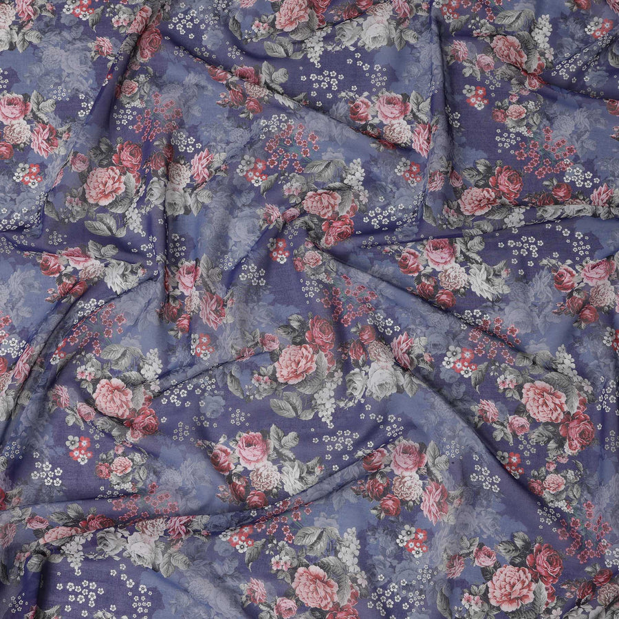 Navy Blue Romantic Rose and Wildflower Print Cotton Voile Fabric, 140 cm Width, India-D23052