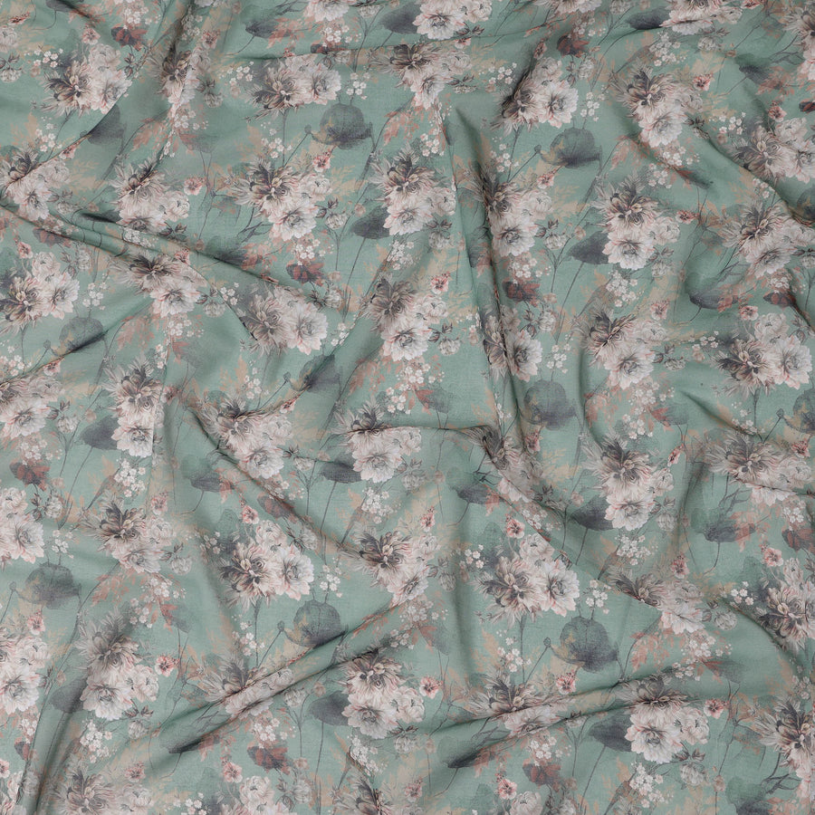 قماش قطني فوال بطبعة زهور عتيقة باللون الأخضر الحكيم، عرض 140 سم، الهند - D23053