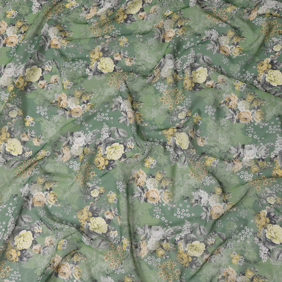 Olive Green Large Floral Print Cotton Voile Fabric, 140 cm Width, India-D23054