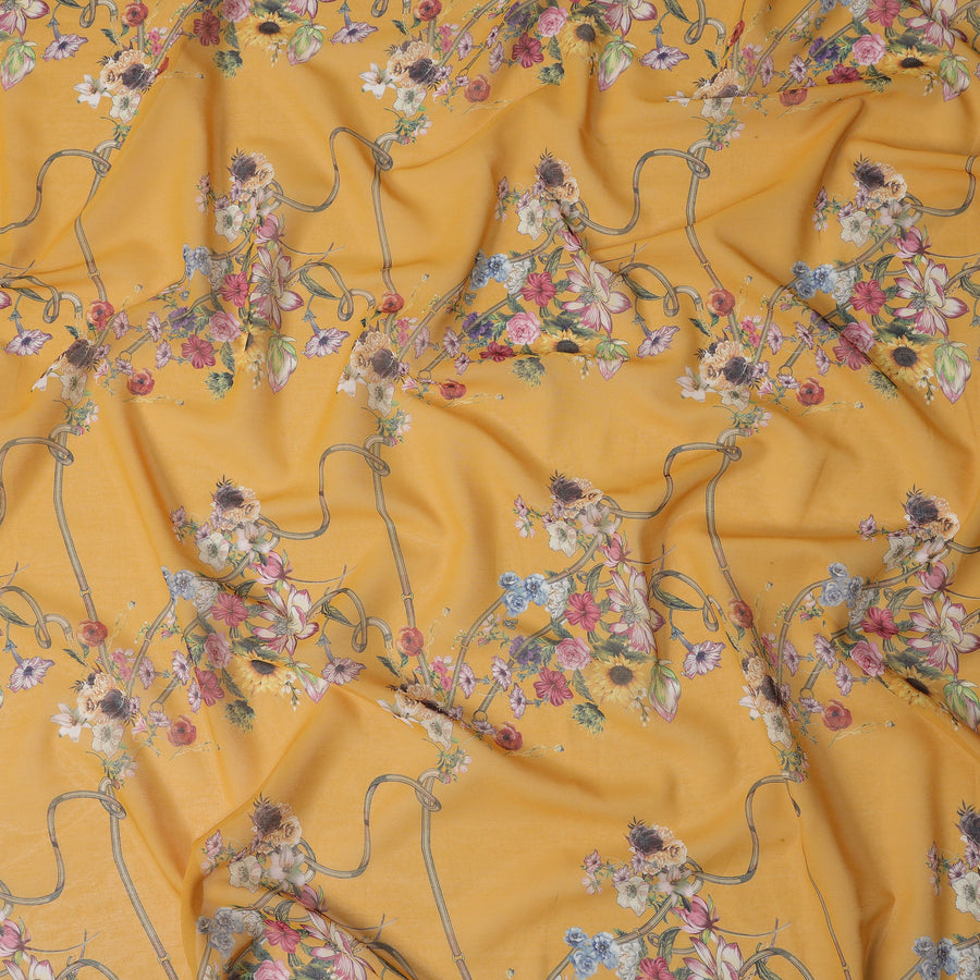 قماش فوال قطني بطبعة زهور صفراء ذهبية، عرض 140 سم، الهند - D23055