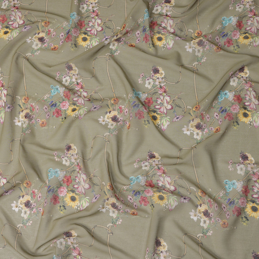 قماش قطني فوال بطبعة زهور متعددة الألوان باللون الأخضر الزيتوني، العرض: 140 سم، الهند - D23057
