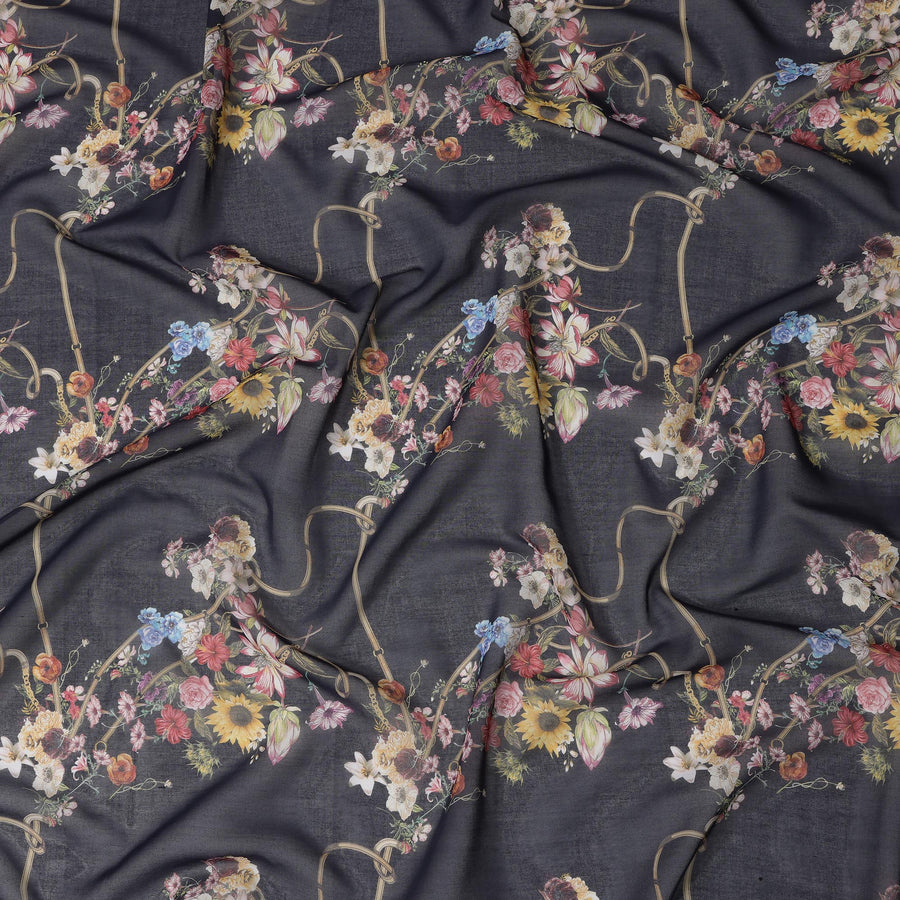 قماش قطني فوال بطبعة زهور متعددة الألوان باللون الأسود الفحمي، العرض: ١٤٠ سم، الهند - D23058