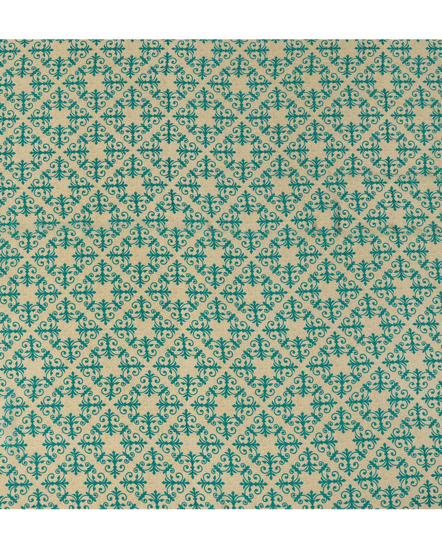 قماش كريب حريري خالص بطبعة بلاط باروكية باللون البيج مع الأزرق المخضر، عرض 110 سم، صنع في الهند - D23157