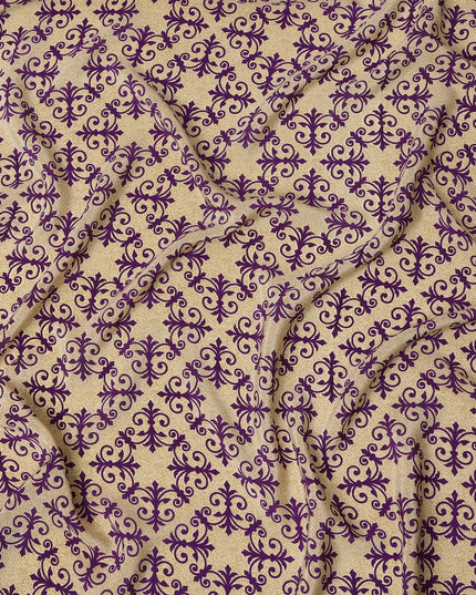 Beige with Purple Baroque Tile Print Pure Silk Crepe Fabric, 110 Cms Width, Made in India-D23159