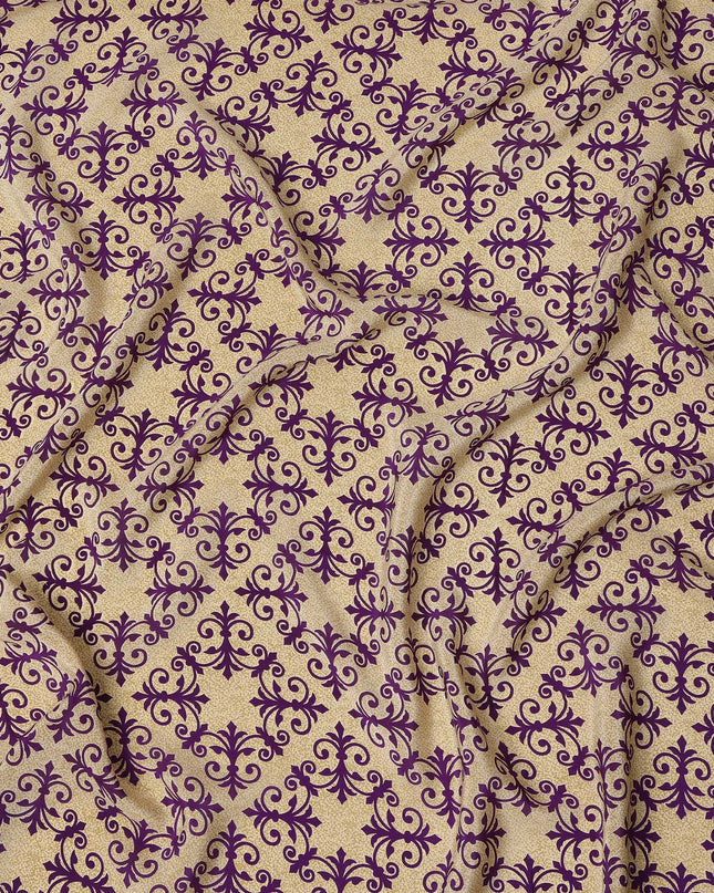 Beige with Purple Baroque Tile Print Pure Silk Crepe Fabric, 110 Cms Width, Made in India-D23159