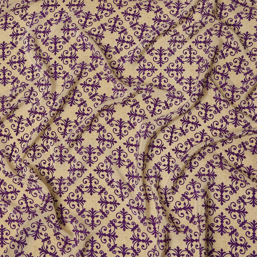 Beige with Purple Baroque Tile Print Pure Silk Crepe Fabric, 110 Cms Width, Made in India-D23159