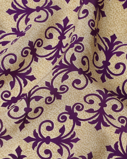 Beige with Purple Baroque Tile Print Pure Silk Crepe Fabric, 110 Cms Width, Made in India-D23159