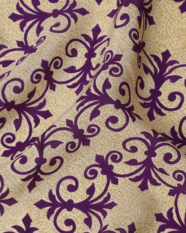 Beige with Purple Baroque Tile Print Pure Silk Crepe Fabric, 110 Cms Width, Made in India-D23159