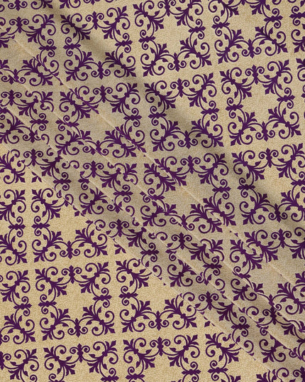 Beige with Purple Baroque Tile Print Pure Silk Crepe Fabric, 110 Cms Width, Made in India-D23159