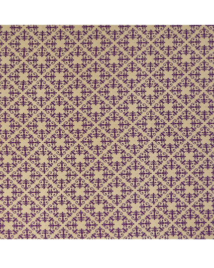 Beige with Purple Baroque Tile Print Pure Silk Crepe Fabric, 110 Cms Width, Made in India-D23159