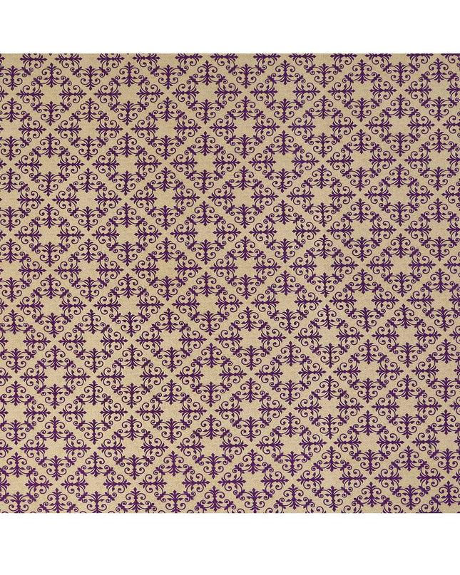 Beige with Purple Baroque Tile Print Pure Silk Crepe Fabric, 110 Cms Width, Made in India-D23159